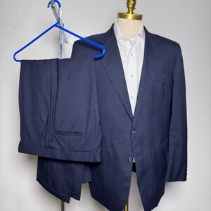 Vintage English Manor Suit Mens 44R 37x29 Navy Blue Solid Wool 2-Button